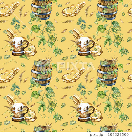 Wooden beer barrel and hop vine, wheat ear watercolor seamless pattern isolated on beige. Splash beer, wooden mug, humulus hand drawn. Design element for beer packaging, background, brewing, package Wooden beer barrel and hop vine, wheat ear watercolor seamless pattern isolated on beige. Splash beer, wooden mug, humulus hand drawn. Design element for beer packaging, background, brewing, package 104325500