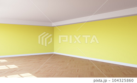 Corner of the Sunlit Interior with Yellow Walls, a White Ceiling and Cornice, Glossy Herringbone Parquet Floor, and a White Plinth. Unfurnished Room Concept. 3D render, 8K Ultra HD, 7680x4320, 300 dpi Corner of the Sunlit Interior with Yellow Walls, a White Ceiling and Cornice, Glossy Herringbone Parquet Floor, and a White Plinth. Unfurnished Room Concept. 3D render, 8K Ultra HD, 7680x4320, 300 dpi 104325860