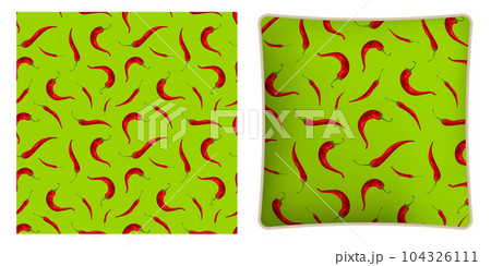 Square decorative pillow, bedroom accessory decorated hot red pepper for mexican dishes. Hot chili pepper pattern. Vector ornament for design of posters and printing on textile Square decorative pillow, bedroom accessory decorated hot red pepper for mexican dishes. Hot chili pepper pattern. Vector ornament for design of posters and printing on textile 104326111
