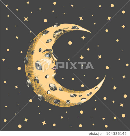 Crescent Moon with Face and Craters Colored Sketch In the Starry Sky. Hand Drawn Decor Element in Vintage Engraving Style. Print Design for T-shirt, Poster, Bags or Cards. Vector Illustration. Crescent Moon with Face and Craters Colored Sketch In the Starry Sky. Hand Drawn Decor Element in Vintage Engraving Style. Print Design for T-shirt, Poster, Bags or Cards. Vector Illustration. 104326143