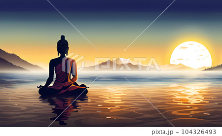 Premium AI Image  Little buddha meditating in the sunset Ia generative