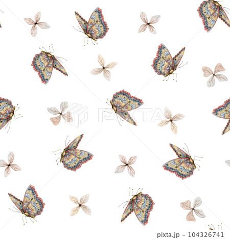 Watercolor butterflies and tiny beige flowers seamless pattern on white background for summer and fall textiles, fabrics and designs 104326741