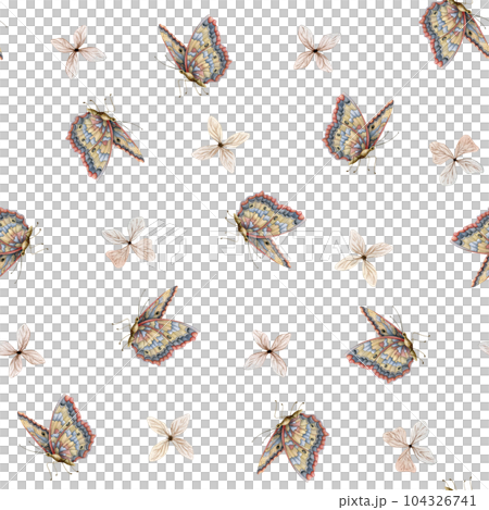 Watercolor butterflies and tiny beige flowers seamless pattern on white background for summer and fall textiles, fabrics and designs 104326741