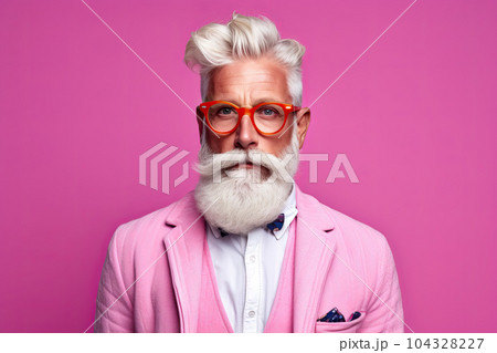 Studio shot of handsome senior man hipster dressed in stylish coat and sunglasses. Isolated on pink background 104328227