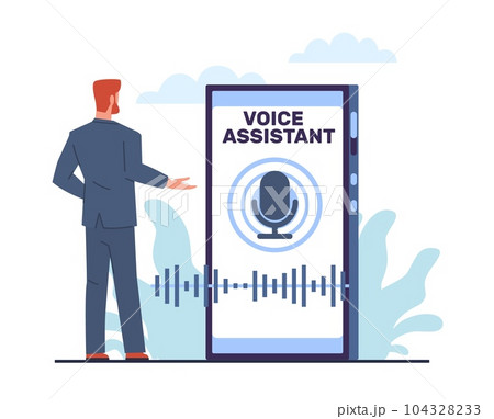 Voice assistant concept, man standing by his smartphone, microphone and sound imitation line on screen. Speaker recognition app, modern technologies cartoon flat style vector illustration Voice assistant concept, man standing by his smartphone, microphone and sound imitation line on screen. Speaker recognition app, modern technologies cartoon flat style vector illustration 104328233