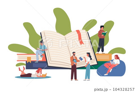 People library. Tiny book lovers read big volumes of literature, readers club, gaining knowledge, printed products, men and woman education and hobby. Cartoon flat nowaday vector concept People library. Tiny book lovers read big volumes of literature, readers club, gaining knowledge, printed products, men and woman education and hobby. Cartoon flat nowaday vector concept 104328257