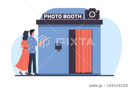 Man offers woman to take cards together in photo booth. Happy romantic hugging couple, celebrating relationship anniversary, entertainment on date cartoon flat isolated vector concept Man offers woman to take cards together in photo booth. Happy romantic hugging couple, celebrating relationship anniversary, entertainment on date cartoon flat isolated vector concept 104328288