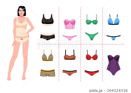 Girl and underwear. Cartoon flat style isolated beautiful woman in panties and top, slim figure, fashionable paper doll, swimwear and bikini kit, cute underpants and bra, tidy vector set Girl and underwear. Cartoon flat style isolated beautiful woman in panties and top, slim figure, fashionable paper doll, swimwear and bikini kit, cute underpants and bra, tidy vector set 104328316