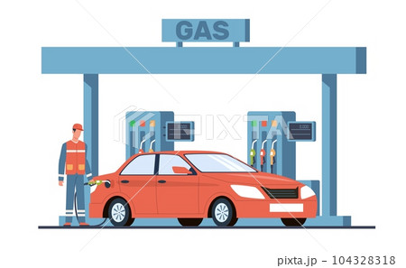 Gas station attendant pours fuel into car at gas station. Worker refueling automobile, transport service, oil or biofuel auto, petroleum or diesel. Cartoon flat isolated vector concept Gas station attendant pours fuel into car at gas station. Worker refueling automobile, transport service, oil or biofuel auto, petroleum or diesel. Cartoon flat isolated vector concept 104328318
