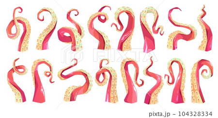 Cartoon octopus tentacles. Cartoon monster legs, comic squid pink limbs with suckers in different positions, ocean cephalopods, ocean predatory mollusk, isolated elements, tidy vector set 104328334