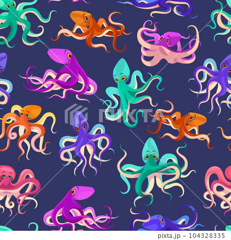 Cartoon octopus seamless pattern. Colorful underwater animals, tentacles with suction cups, many legged mollusks. Decor textile, wrapping paper, wallpaper design. Tidy vector background 104328335