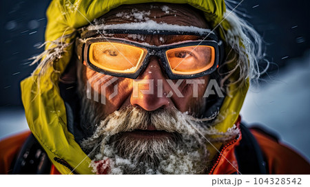 Climber on the ascent with weathered face in goggles. Extreme sport for heroic people Climber on the ascent with weathered face in goggles. Extreme sport for heroic people 104328542
