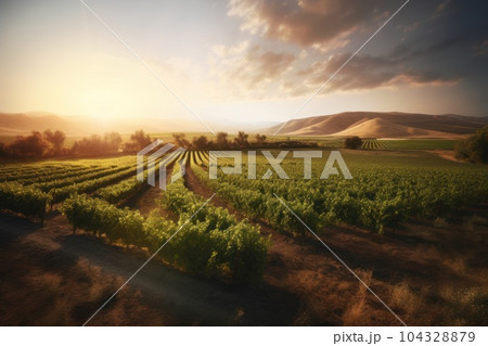 Beautiful landscape of vineyards rows on mountains or hills sunset background with cloudy sky 104328879