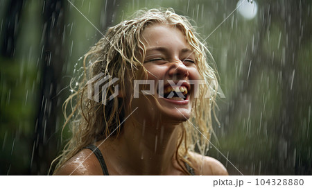 Image of positive young woman smiling during rain in tropical forest. Cheerful female enjoying the rain outdoors. 104328880