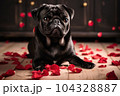 Lovely black pug dog with red rose petals falling down on the floor in valentine day 104328887