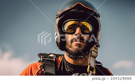 Young man parachutist smiling in free fall. Perfect concept of happiness and freedom. 104329000