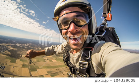 Young man parachutist smiling in free fall. Perfect concept of happiness and freedom. Young man parachutist smiling in free fall. Perfect concept of happiness and freedom. 104329009