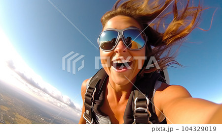 Young woman parachutist smiling in free fall. Perfect concept of happiness and freedom. 104329019