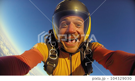 Young man parachutist smiling in free fall. Perfect concept of happiness and freedom. 104329030