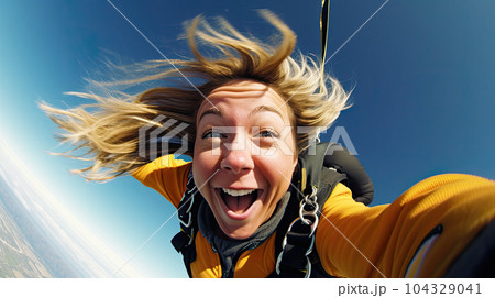 Young woman parachutist smiling in free fall. Perfect concept of happiness and freedom. 104329041