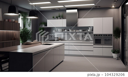 Kitchen Interior with Island, Sink, Cabinets, and Hardwood Floors in New Luxury Home. Kitchen Interior with Island, Sink, Cabinets, and Hardwood Floors in New Luxury Home. 104329206