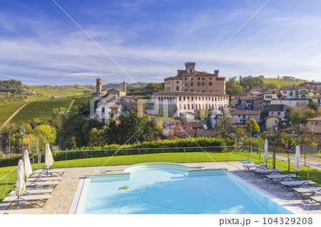 Castle and town with vineyard in Barolo, Langhe region, Piedmont, Italy 104329208