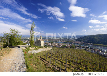 Grand cru vineyard and Chapel of Saint Christopher, Tain l'Hermitage, Rhone-Alpes, France Grand cru vineyard and Chapel of Saint Christopher, Tain l'Hermitage, Rhone-Alpes, France 104329235