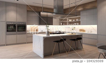 Kitchen Interior with Island, Sink, Cabinets, and Hardwood Floors in New Luxury Home. Features Elegant Pendant Light Fixtures, and Farmhouse Sink next to Window Kitchen Interior with Island, Sink, Cabinets, and Hardwood Floors in New Luxury Home. Features Elegant Pendant Light Fixtures, and Farmhouse Sink next to Window 104329309