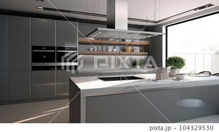 Kitchen Interior with Island, Sink, Cabinets, and Hardwood Floors in New Luxury Home. Features Elegant Pendant Light Fixtures, and Farmhouse Sink next to Window 104329530