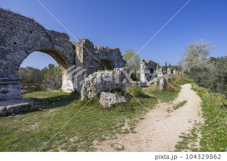 Barbegal aqueduct (Aqueduc Romain de Barbegal) near Arles, Fontvieille, Provence, France 104329862