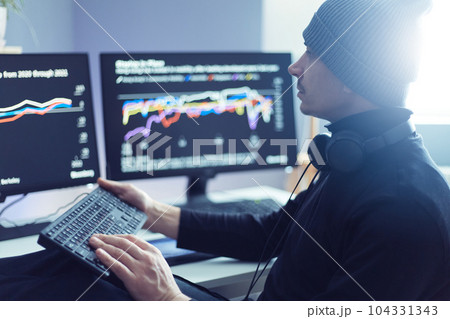 Portrait of businessmen trading stocks online, stock broker looking at graphs, indexes and numbers on multiple computer screens and typing on keyboard. Portrait of businessmen trading stocks online, stock broker looking at graphs, indexes and numbers on multiple computer screens and typing on keyboard. 104331343