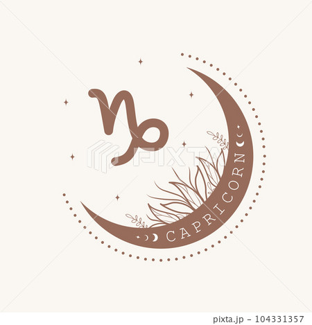 Astrological Capricorn zodiac sign. Horoscope icon in boho minimalist style. Mystic vector illustration. Spiritual tarot card. Hand drawn magic vintage logo 104331357