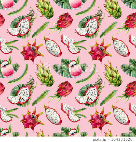 Red pitaya watercolor dragon fruits and tropical leaves seamless pattern with pitahaya drawings on light pink background for summer menus, fabrics, designs Red pitaya watercolor dragon fruits and tropical leaves seamless pattern with pitahaya drawings on light pink background for summer menus, fabrics, designs 104331626