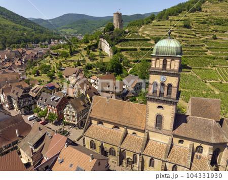 Aerial Drone Shot of the village of Kaysersberg in Alsace in a day. Summer in France, Castle and a beautiful City 104331930