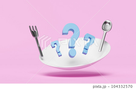 porcelain plate with spoon, fork, question mark isolated on pink background. eat what concept, 3d render illustration 104332570