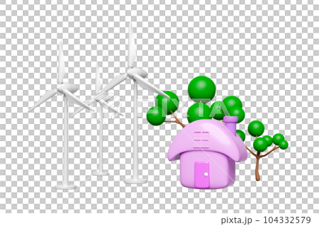 3d windmill, wind turbine with house, tree isolated. free electricity, renewable energy concept, 3d render illustration 3d windmill, wind turbine with house, tree isolated. free electricity, renewable energy concept, 3d render illustration 104332579