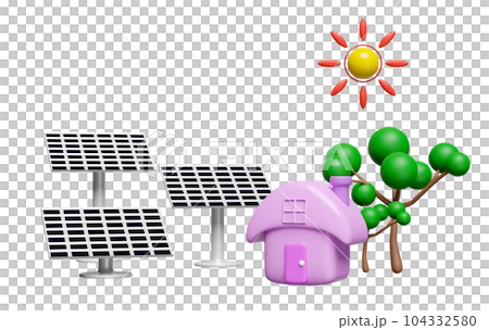Solar Panel with house, tree isolated. free electricity, renewable energy concept, 3d render illustration Solar Panel with house, tree isolated. free electricity, renewable energy concept, 3d render illustration 104332580