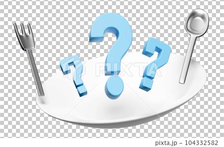 porcelain plate with spoon, fork, question mark isolated. eat what concept, 3d render illustration porcelain plate with spoon, fork, question mark isolated. eat what concept, 3d render illustration 104332582