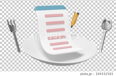 porcelain plate with food items, menu, spoon, fork, question mark, pencil isolated. eat what concept, 3d render illustration porcelain plate with food items, menu, spoon, fork, question mark, pencil isolated. eat what concept, 3d render illustration 104332583
