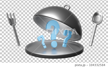 silver plate with food cover, spoon, fork, question mark isolated. eat what concept, 3d render illustration silver plate with food cover, spoon, fork, question mark isolated. eat what concept, 3d render illustration 104332584