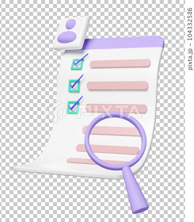 3d Id card with checklist paper, magnifying glass, clipboard isolated. recruitment staff, human resources, job search, job application concept, 3d render illustration 104332586