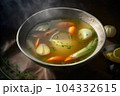 Vegetable vegetarian soup with potato, carrot, onion, celery in metal plate bowl on dark tablecloth background 104332615
