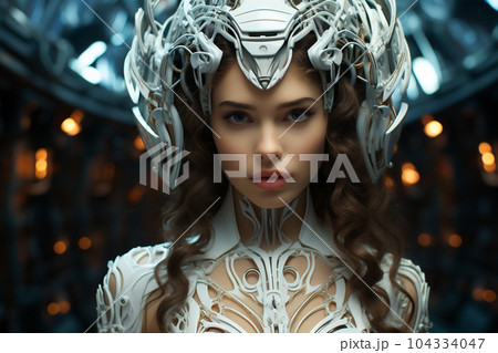 Beautiful female cyber fashion robot on the futuristic techno background. Artificial Intelligence. Quantum computer. AI generative 104334047
