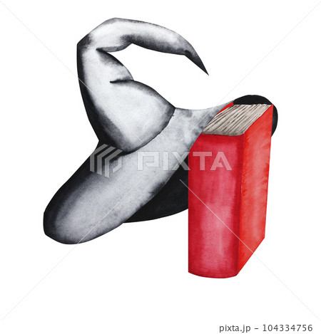 Wizard's hat and book. Watercolor illustration of a set for Halloween on a white background. Party decor. Hand drawn for your design Wizard's hat and book. Watercolor illustration of a set for Halloween on a white background. Party decor. Hand drawn for your design 104334756