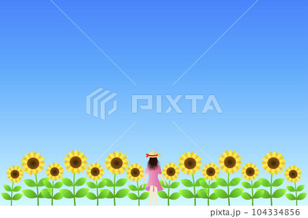 麦わら帽子を被った女性の後ろ姿とひまわり畑と青空。夏のイメージ背景。 104334856