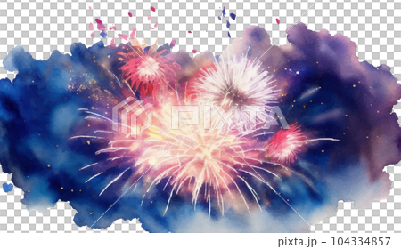夜空に輝く花火の水彩イラスト　Generative AI 104334857