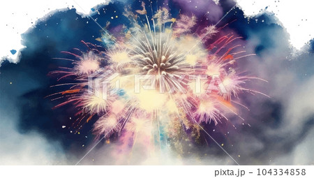 夜空に輝く花火の水彩イラスト　Generative AI 104334858