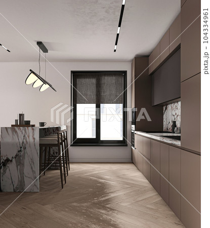 Modern minimalist style apartment kitchen interior design. Ceiling with lighting. Decoration wooden cabinet and marble counter top. 3d rendering. High quality 3d illustration 104334961