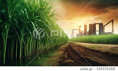 Agriculture, Sugarcane field at sunset. Sugar cane plant tree in countryside for food industry or renewable bioenergy power. Agriculture, Sugarcane field at sunset. Sugar cane plant tree in countryside for food industry or renewable bioenergy power. 104335268