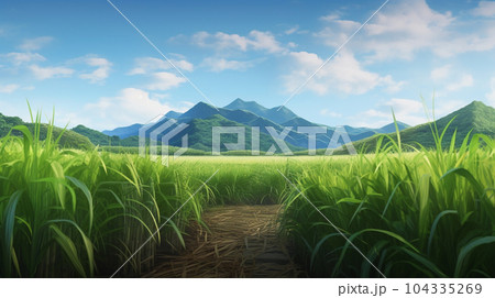 Agriculture, Sugarcane field at sunset. Sugar cane plant tree in countryside for food industry or renewable bioenergy power. Agriculture, Sugarcane field at sunset. Sugar cane plant tree in countryside for food industry or renewable bioenergy power. 104335269